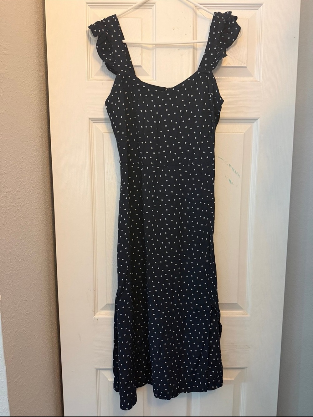 LOFT Navy Midi Dress with White Polka Dots and Ruffled Straps 6P